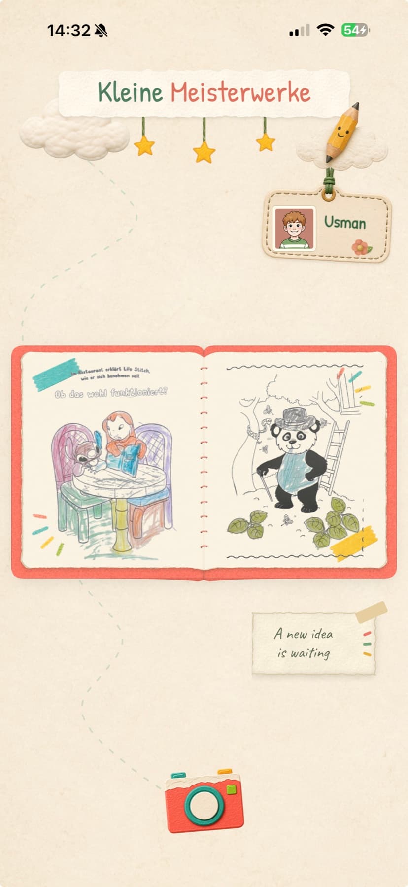 The Maccu home screen: a sketchbook of Usman's coloured drawings with a camera to save the next one